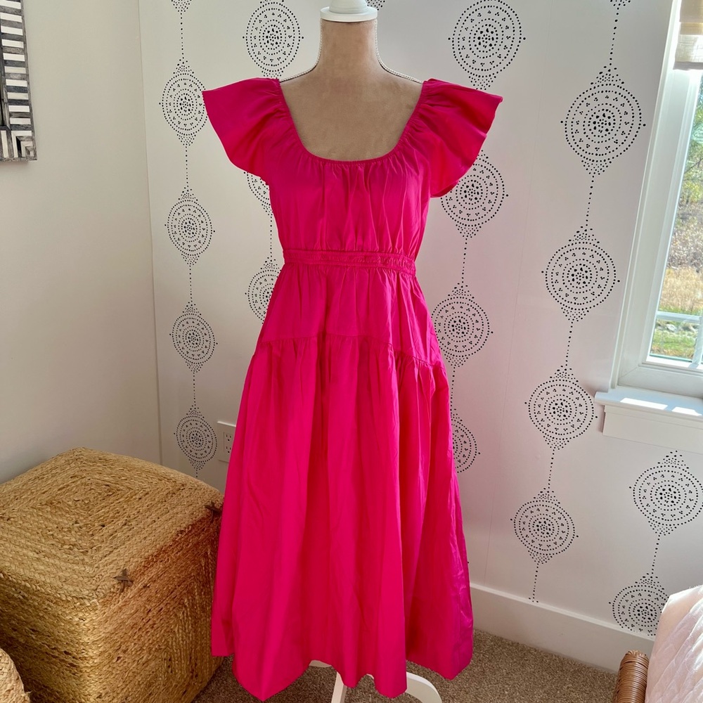 Bright Pink Flutter-Sleeve Midi Dress